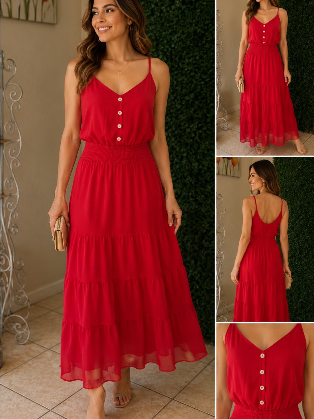 Red Smocked-Waist Spaghetti Strap Maxi Dress # 123